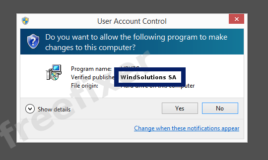 Screenshot where WindSolutions SA appears as the verified publisher in the UAC dialog